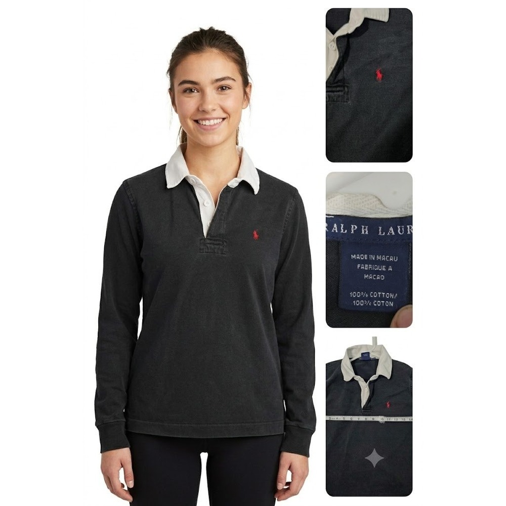 Ralph Lauren Black Long-Sleeve Rugby Polo with White Collar and Red Pony